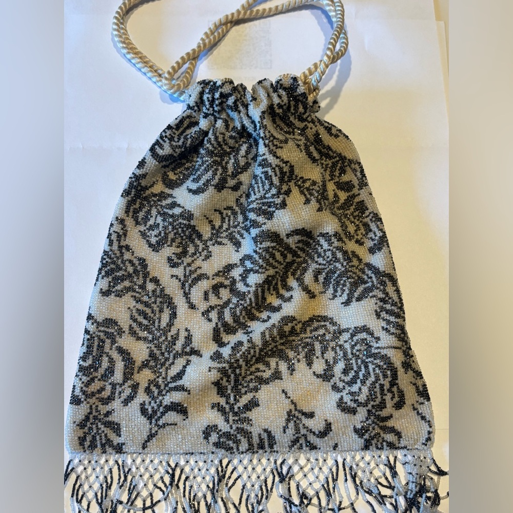 Elegant Gray and White BeadedDrawstring Bag